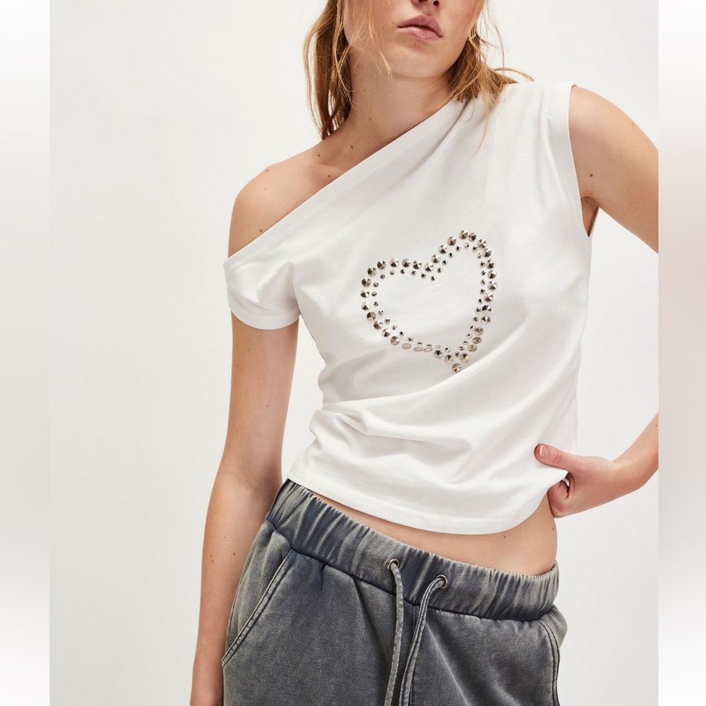 Free People White Studded Heart Women’s Tee